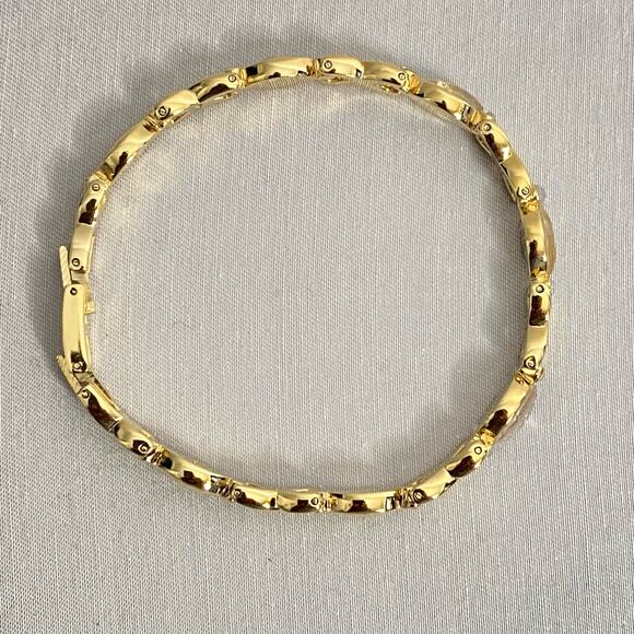 XO Bracelet Gold Tone Chain Links With Clear Round And Oval Stones Folding Clasp - Picture 5 of 10